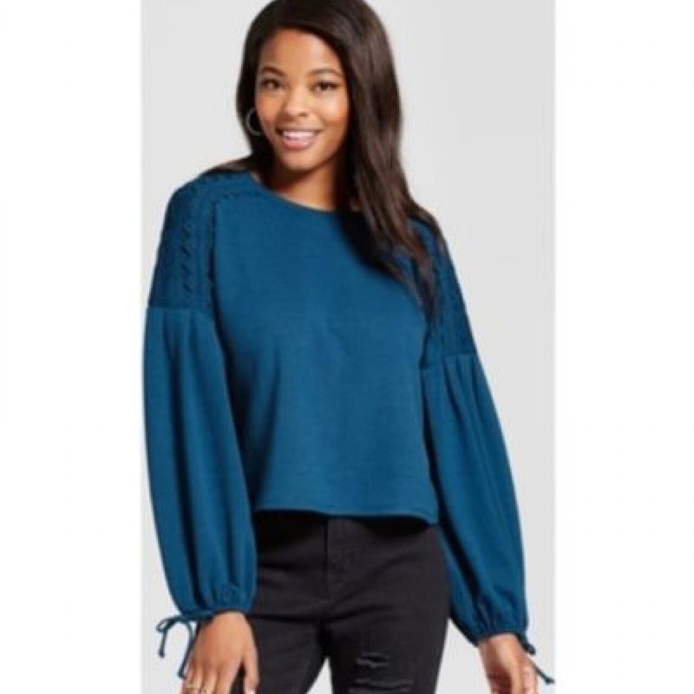 Xhiliration Lace Shoulder Teal Sweater